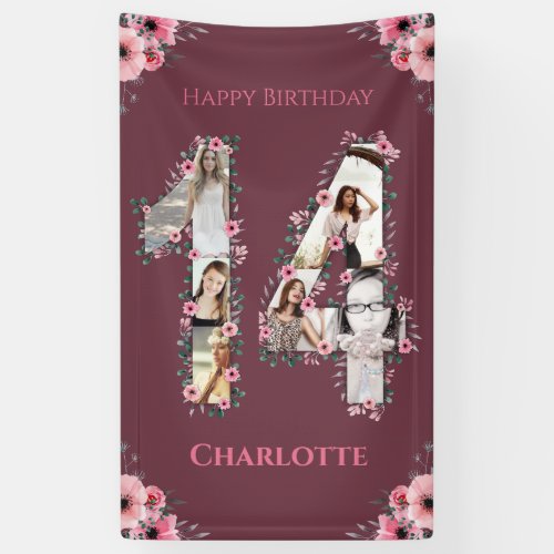 Big 14th Birthday Photo Collage Pink Flower Girl Banner