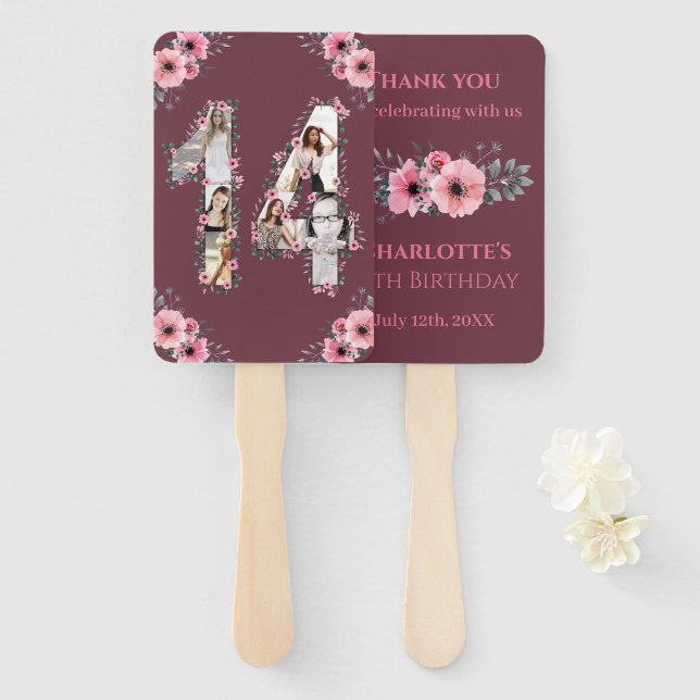 Big 14th Birthday Photo Collage Pink Girl Flower Hand Fan (Front and Back)