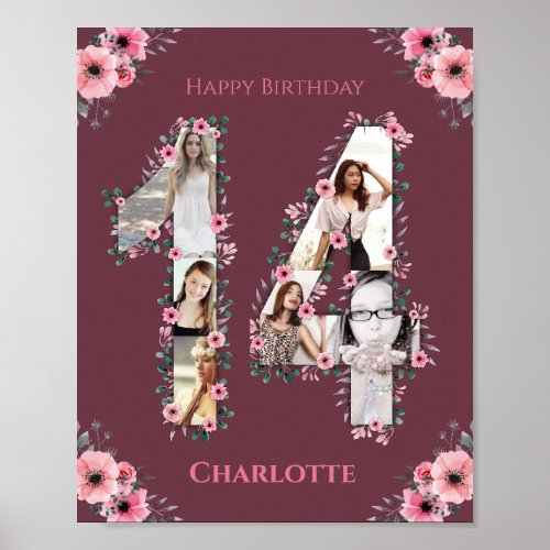 Big 14th Birthday Pink Flower Girl Photo Collage Poster
