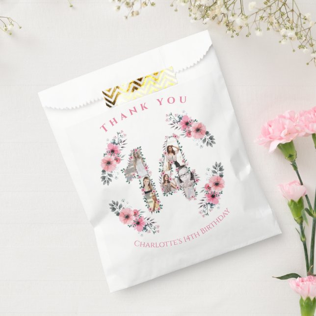 Big 14th Girl Birthday Photo Collage Pink Flower Favor Bag (Sealed)