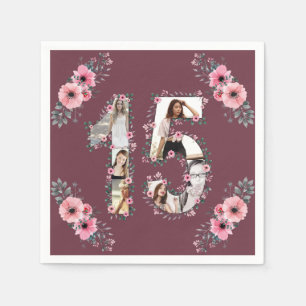 Big 15th Birthday Girl Flower Photo Collage Napkins