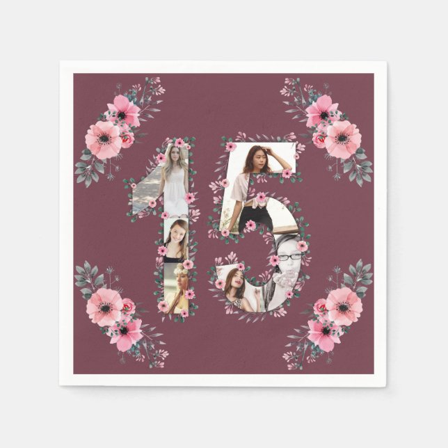 Big 15th Birthday Girl Flower Photo Collage Napkins (Front)