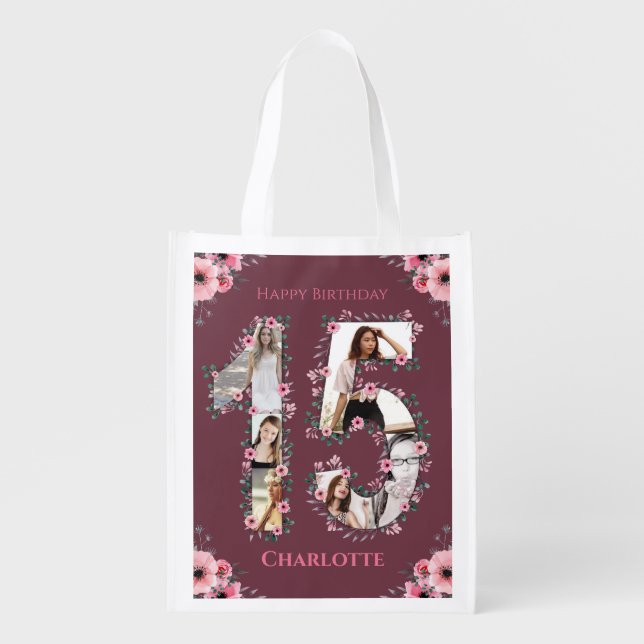 Big 15th Birthday Girl Photo Collage Pink Flower Grocery Bag (Front)