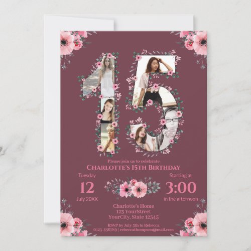 Big 15th Birthday Girl Photo Collage Pink Flower Invitation