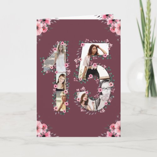 Big 15th Birthday Photo Collage Girl Pink Flower Card