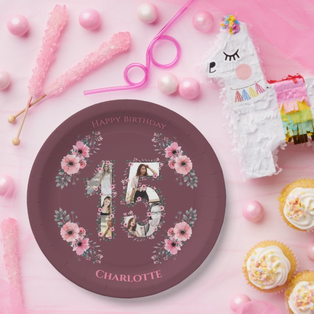 Big 15th Birthday Photo Collage Girl Pink Flower Paper Plates (Party)