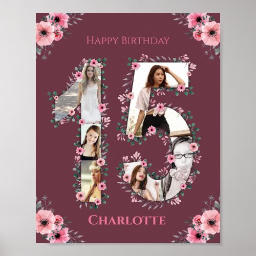 Big 15th Birthday Pink Flower Girl Photo Collage Poster