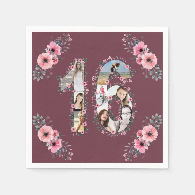 Big 16th Birthday Girl Flower Photo Collage Napkins (Front)