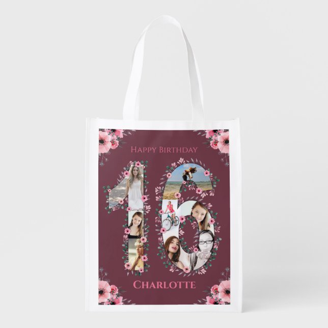 Big 16th Birthday Girl Photo Collage Pink Flower Grocery Bag (Front)