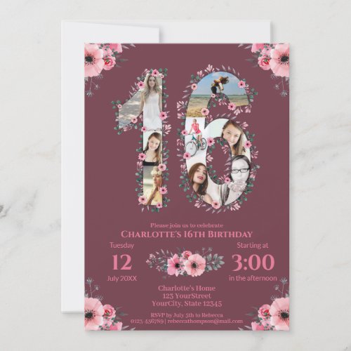 Big 16th Birthday Girl Photo Collage Pink Flower