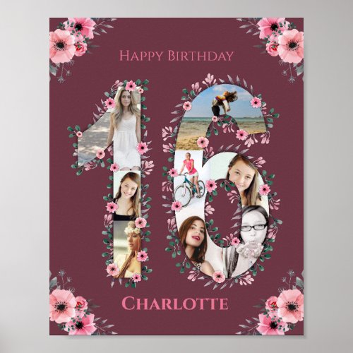 Big 16th Birthday Pink Flower Girl Photo Collage Poster