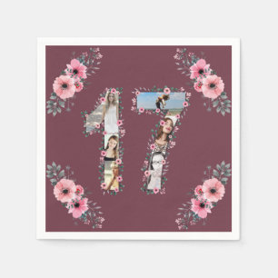 Big 17th Birthday Girl Flower Photo Collage Napkins