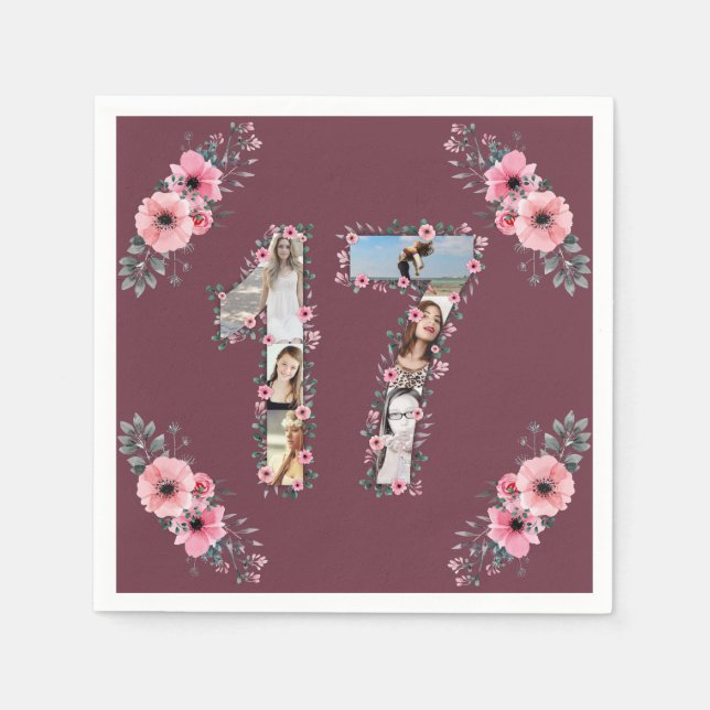 Big 17th Birthday Girl Flower Photo Collage Napkins (Front)