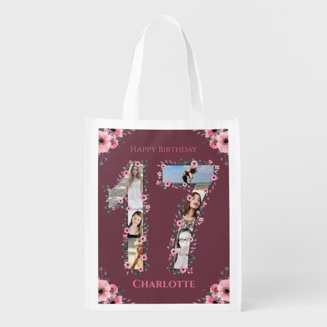 Big 17th Birthday Girl Photo Collage Pink Flower Grocery Bag (Front)