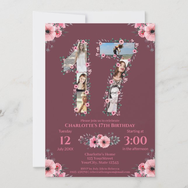 Big 17th Birthday Girl Photo Collage Pink Flower Invitation (Front)
