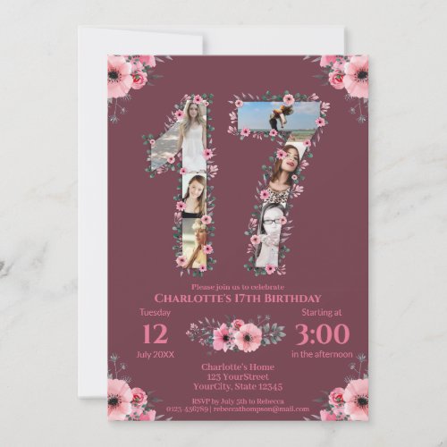 Big 17th Birthday Girl Photo Collage Pink Flower Invitation