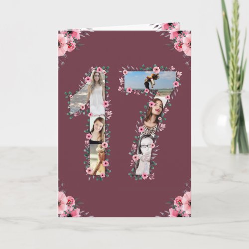 Big 17th Birthday Photo Collage Girl Pink Flower