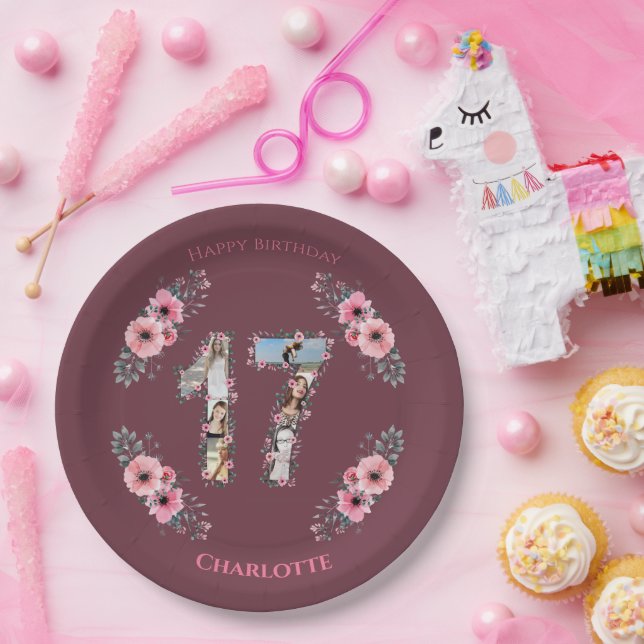 Big 17th Birthday Photo Collage Girl Pink Flower Paper Plates (Party)