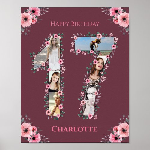 Big 17th Birthday Pink Flower Girl Photo Collage Poster