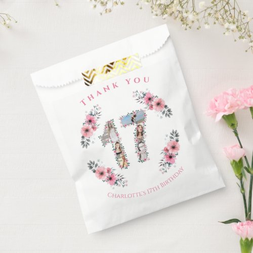 Big 17th Girl Birthday Photo Collage Pink Flower Favor Bag