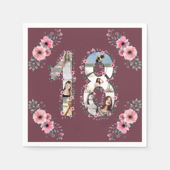Big 18th Birthday Girl Flower Photo Collage Napkins (Front)