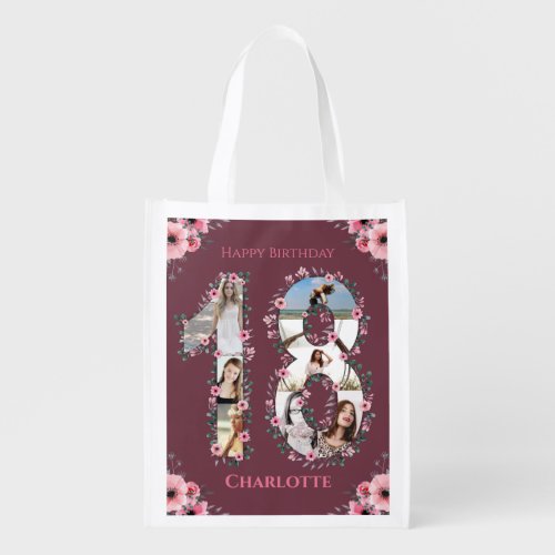 Big 18th Birthday Girl Photo Collage Pink Flower Grocery Bag