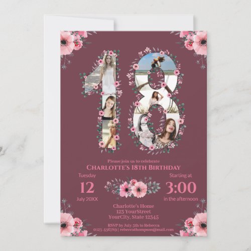 Big 18th Birthday Girl Photo Collage Pink Flower Invitation