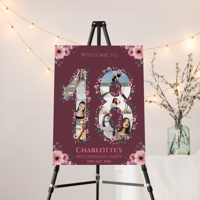 Big 18th Birthday Girl Photo Pink Flower Welcome Foam Board (In Situ (Stand))