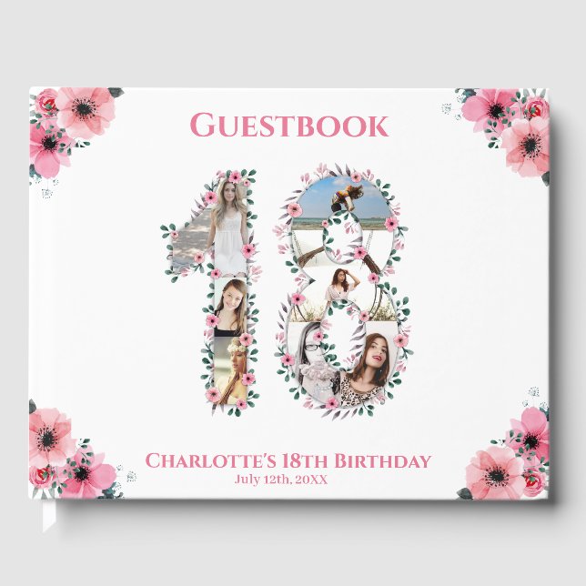Big 18th Birthday Photo Collage Flower Girl White Guest Book (Front)