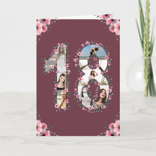 Big 18th Birthday Photo Collage Girl Pink Flower Card