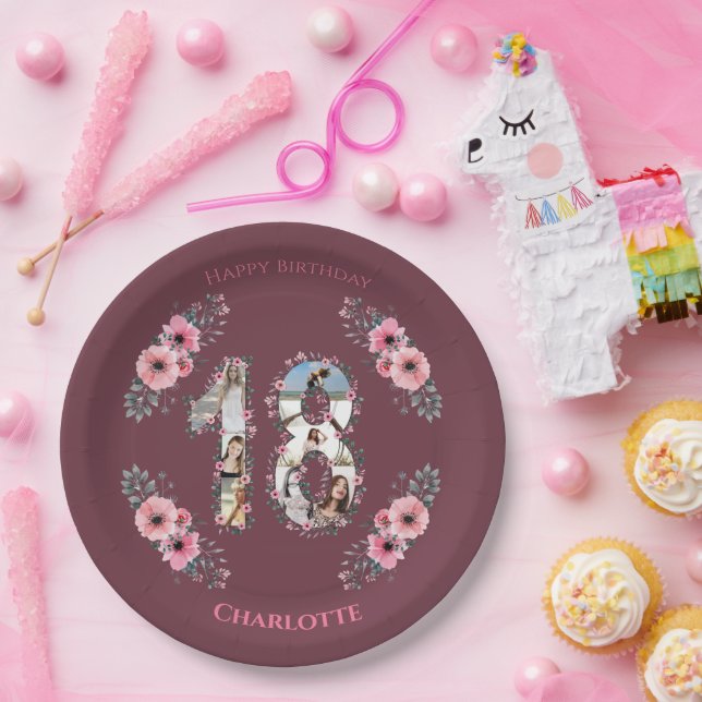 Big 18th Birthday Photo Collage Girl Pink Flower Paper Plates (Party)