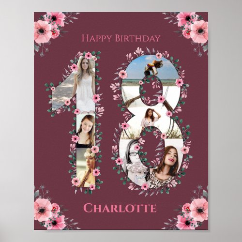 Big 18th Birthday Pink Flower Girl Photo Collage Poster