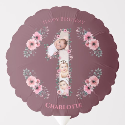 Big 1st Birthday Girl Photo Collage Pink Flower Balloon