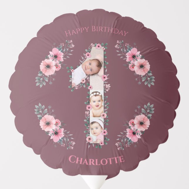Big 1st Birthday Girl Photo Collage Pink Flower Balloon (Front)