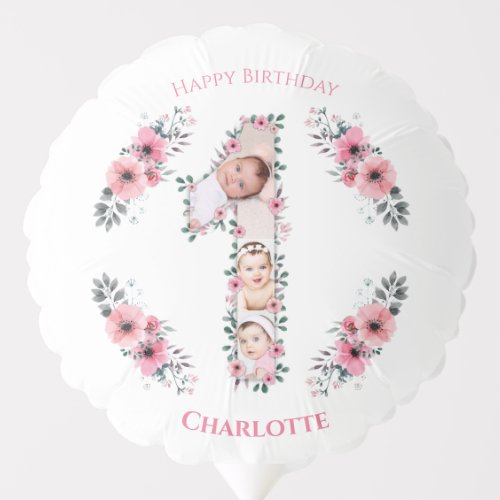 Big 1st Birthday Girl Photo Collage Pink Flower Balloon