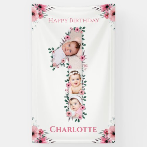 Big 1st Birthday Girl Photo Collage Pink Flower Banner