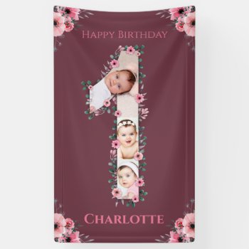 Big 1st Birthday Girl Photo Collage Pink Flower Banner by SorayaShanCollection at Zazzle