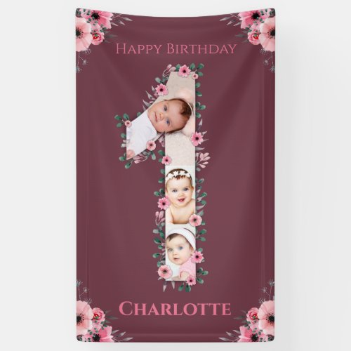 Big 1st Birthday Girl Photo Collage Pink Flower Banner