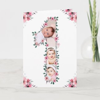 Big 1st Birthday Girl Photo Collage Pink Flower Ca Card