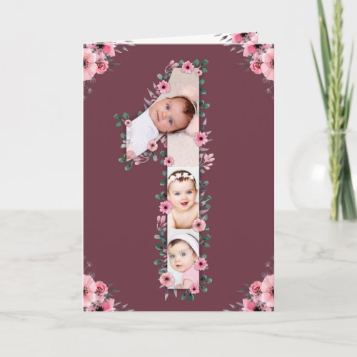 Big 1st Birthday Girl Photo Collage Pink Flower Card