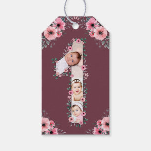 Big 1st Birthday Girl Photo Collage Pink Flower Gift Tags
