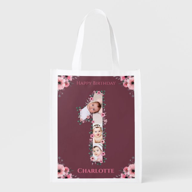 Big 1st Birthday Girl Photo Collage Pink Flower Grocery Bag (Front)