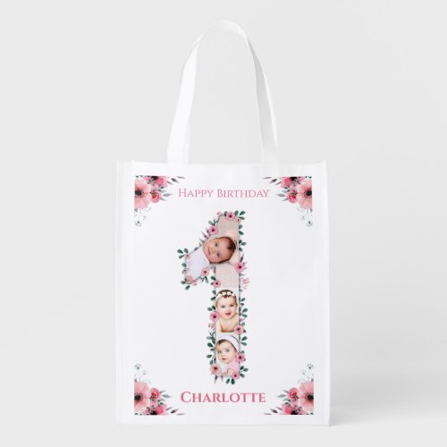 Big 1st Birthday Girl Photo Collage Pink Flower Grocery Bag