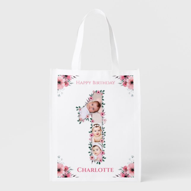 Big 1st Birthday Girl Photo Collage Pink Flower Grocery Bag (Front)