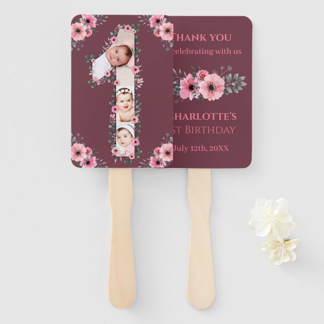 Big 1st Birthday Girl Photo Collage Pink Flower Hand Fan (Front and Back)