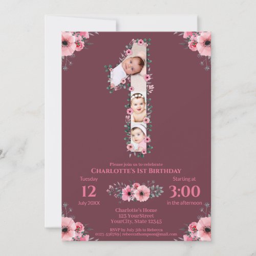 Big 1st Birthday Girl Photo Collage Pink Flower Invitation