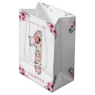 Big 1st Birthday Girl Photo Collage Pink Flower Me Medium Gift Bag