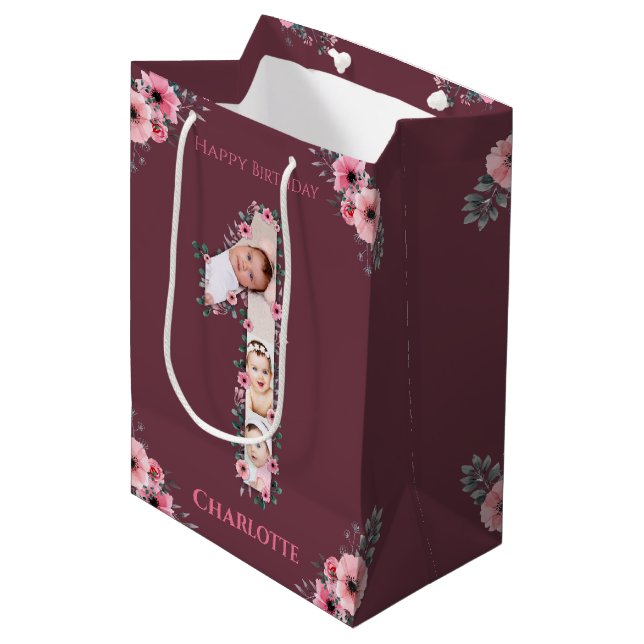 Big 1st Birthday Girl Photo Collage Pink Flower Medium Gift Bag (Front Angled)