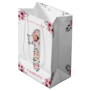 Big 1st Birthday Girl Photo Collage Pink Flower Medium Gift Bag