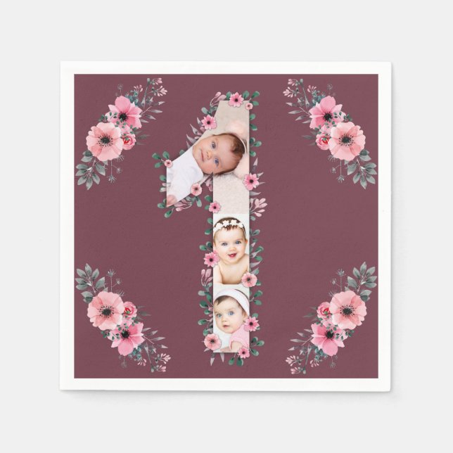 Big 1st Birthday Girl Photo Collage Pink Flower Napkins (Front)
